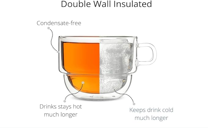BTaT- Stackable Insulated Coffee Mugs, 4 Pack 16 oz(500 ml), Ideal for Hot and Cold Drinks, Stackable Cappuccino Cups, Double Wall Glass Coffee Cups, Tea Cups, Latte Cups, Beer Glasses, Latte Mug