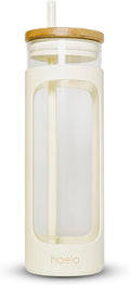 haelo 20oz Glass Tumbler Water Bottle, Iced Coffee Cup with Straw, Silicone Protective Sleeve, Bamboo Lid Reusable BPA Free (Dune)