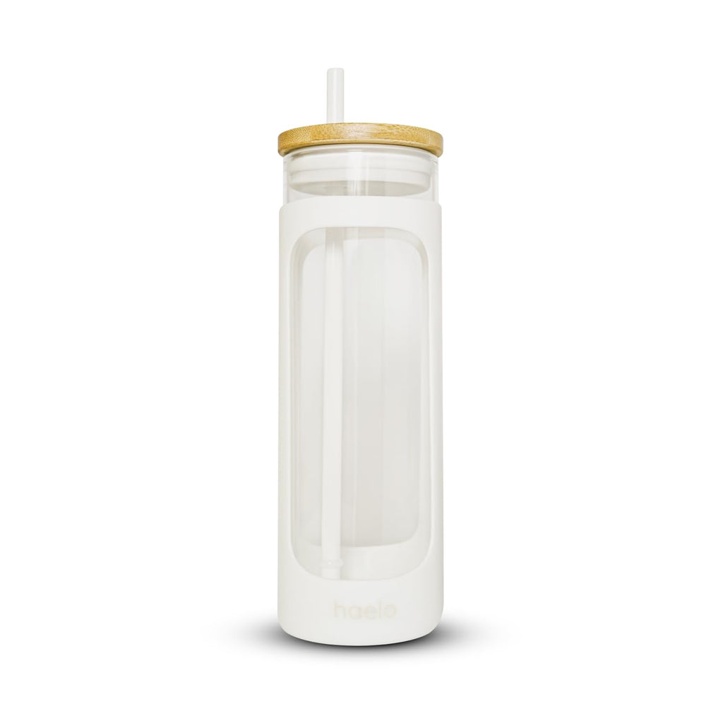 haelo 20oz Glass Tumbler Water Bottle, Iced Coffee Cup with Straw, Silicone Protective Sleeve, Bamboo Lid Reusable BPA Free (Amber)