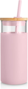 Tronco 20 oz Glass Tumbler with Lid & Straw - Iced Coffee Cup & Smoothie Cup With Silicone Sleeve | BPA-Free, Dishwasher Safe | Reusable Glass Cups with Bamboo Lids and Straws (Pink, 1 Count)