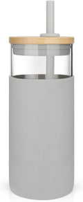 Tronco 20oz Glass Tumbler Glass Water Bottle Straw Silicone Protective Sleeve Bamboo Lid - BPA Free (French Grey/ 1 Pack)