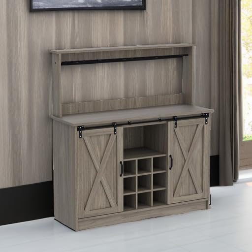 4ever2buy Farmhouse Coffee Bar Cabinet with Sliding Barn Doors, 50 Inch Coffee Bar Hutch with 6 Hooks and 9 Mug Rack, Hutch Cabinet with Storage for Living Room, Wash Grey