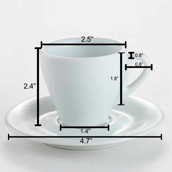 CUISINOX Italian Classic White Porcelain Espresso Cups and Saucers – Set of 6, 2 oz – Coffee Cups for Espresso Shots, Cappuccino, Latte – Perfect for Home and Coffee Bar Accessories