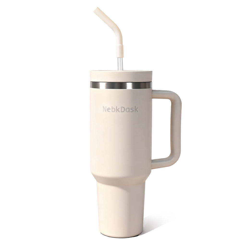 NebkDask 40 oz Tumbler with Handle and Straw - Insulated Stainless Steel Travel Mug, Cup Holder Friendly Water Bottle Extra Large Double Wall Coffee Thermos,Dishwasher Safe,BPA Free(Cream White)