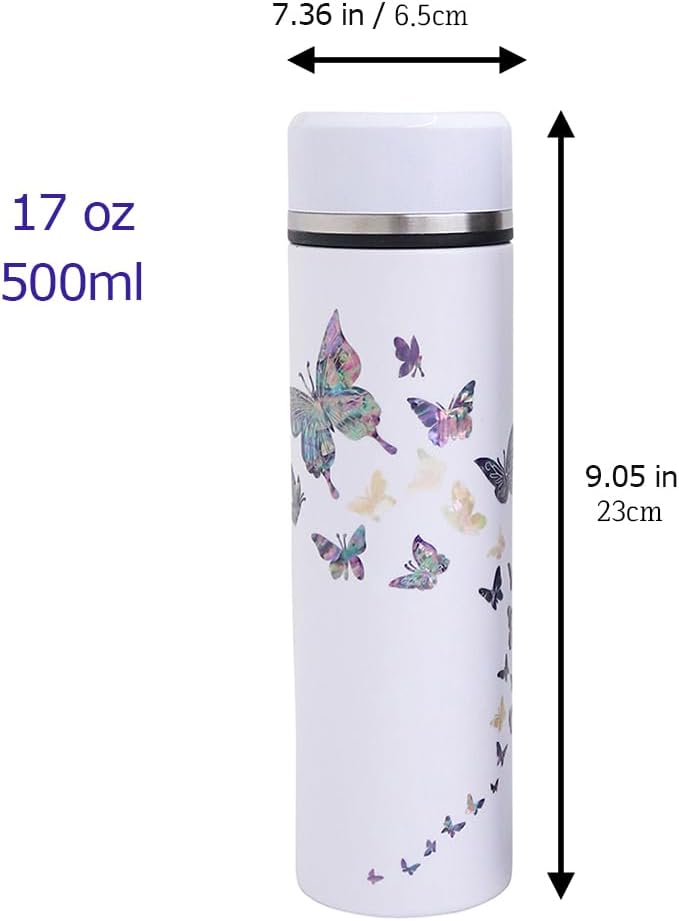 Mother of Pearl Design Stainless Steel Water Bottle with Tea Infuser Strainer 17 oz Leakproof Screw Cap Wide Mouth Double Wall Vacuum Insulated Travel Sport Water Flask Thermo Mug (Butterfly White)
