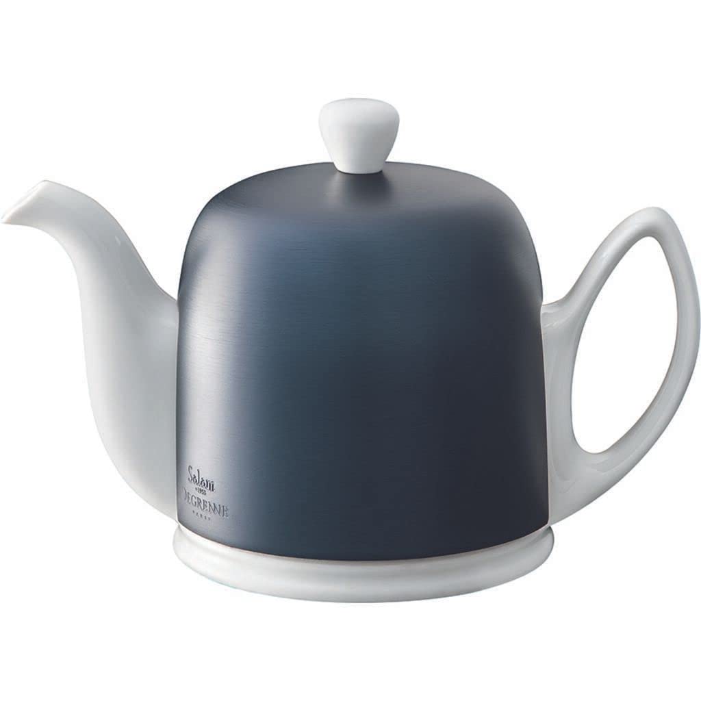 Degrenne Salam Luxury French Tea Pot - Porcelain Teapot with Blue Aluminum Cover, Ceramic Tea Kettle for Loose Tea, Removable Infuser, 4 Cup Capacity, 24oz - Colbalt Blue