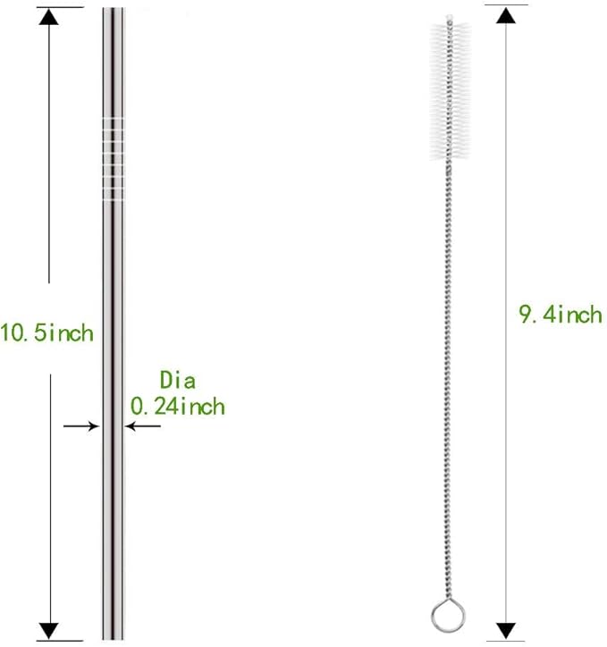Set of 10 Stainless Steel Straws, HuaQi Straight Reusable Drinking Straws 10.5'' Long 0.24‘’ Dia for 30 oz Tumbler and 20 oz Tumbler, 2 Cleaning Brush Included (10 Straight Straw + 2 Brushes）