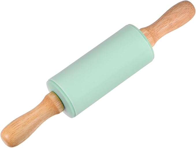 HARFINGTON Silicone Rolling Pins for Baking 9.25 Inch Non-Stick Silicone Surface Wooden Handle Rolling Pin Small Roller Playdough Rolling Pins for Fondant Kitchen Dough Pizza, Green