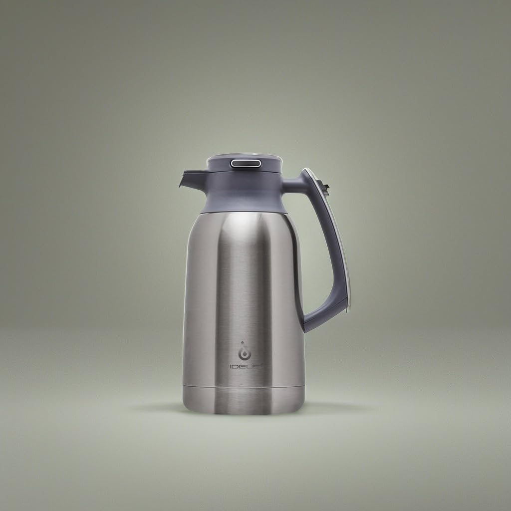 IDEUS Thermal Coffee Carafe, Stainless Steel Double Wall Insulated Vacuum Flask, Water Jug Coffee Server and Beverage Dispenser, Heat and Cold Retention (Metallic, 68, Fluid Ounces)