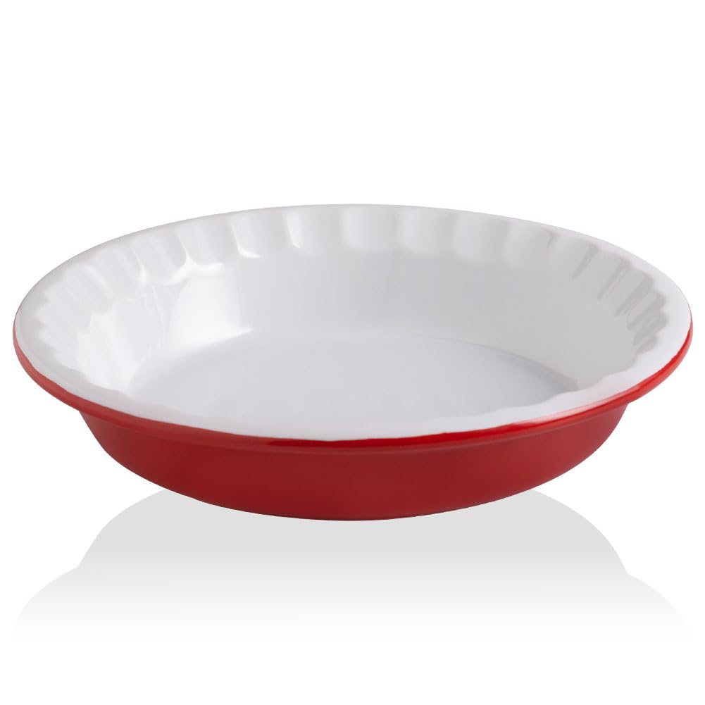 Sweejar Ceramic 10.4 Inch Pie Pan, Deep Porcelain Round Dish, Non-Stick for Pumpkin & Apple Pies, Farmhouse Design (Red)