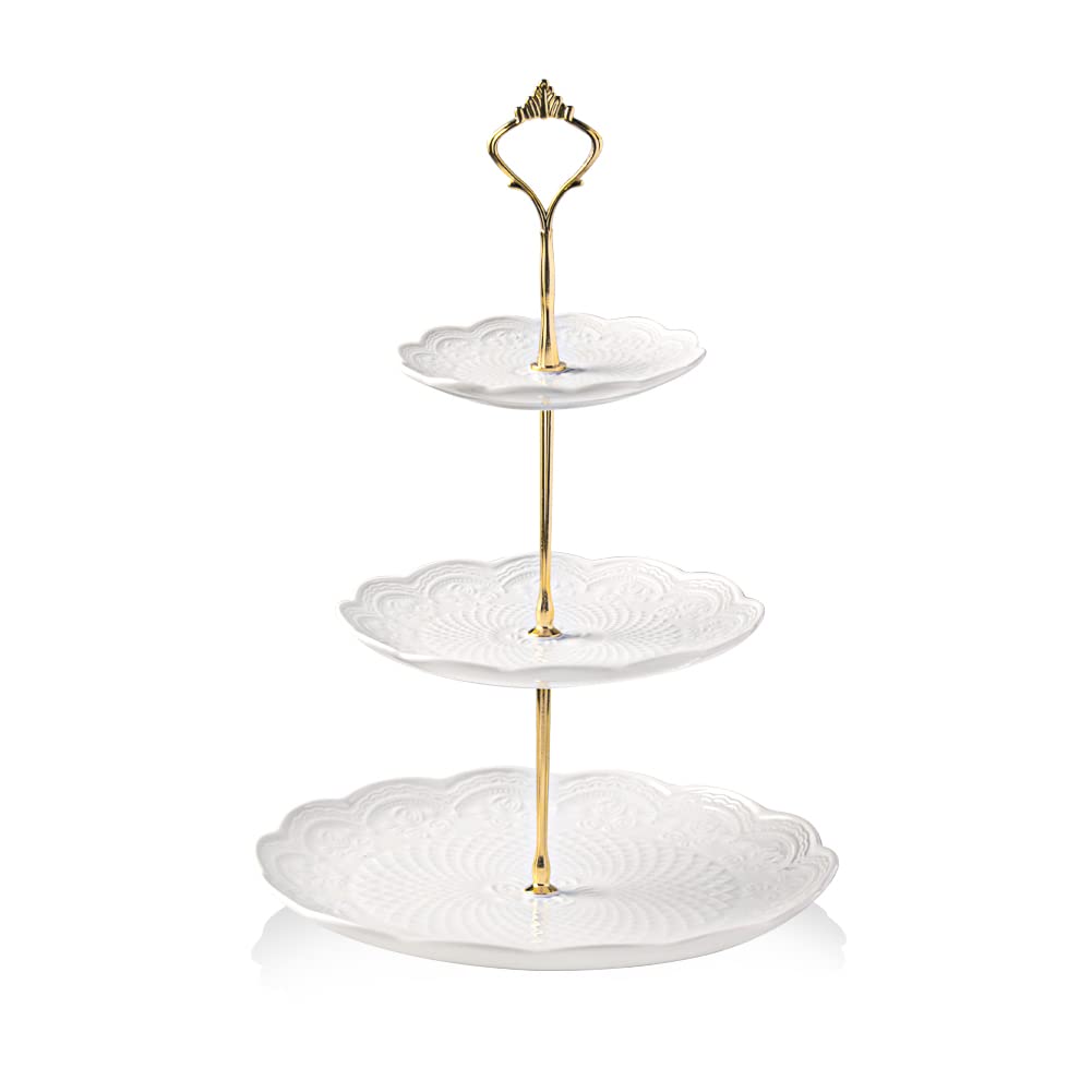Sweejar 3 Tier Ceramic Cake Stand Wedding, Dessert Cupcake Stand for Tea Party Serving Platter(Rose White)