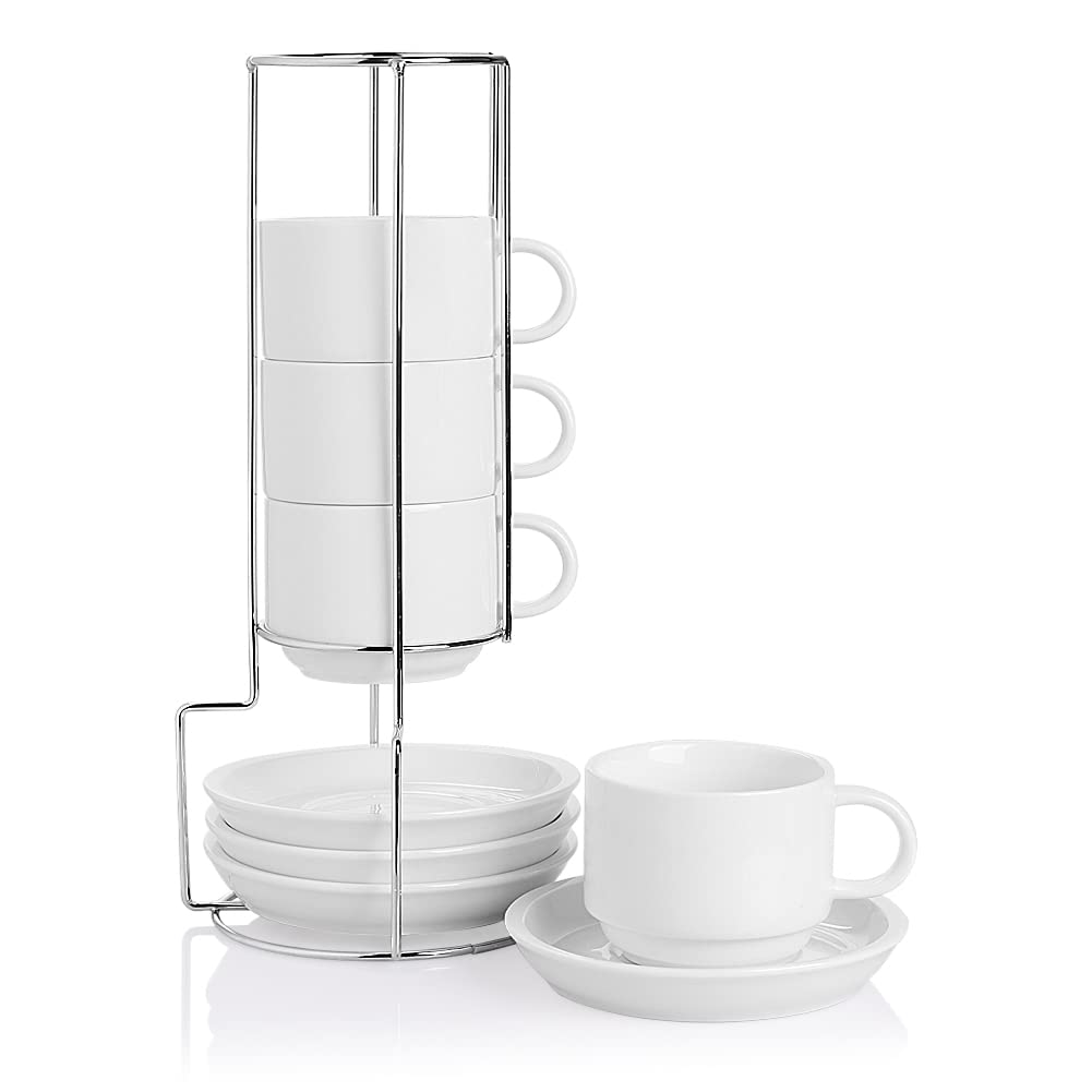 Sweejar Porcelain Cappuccino Cups with Saucers and Metal Stand, 8 Ounce Stackable Espresso Cups for Specialty Coffee Drinks, Latte, Americano, Tea - Set of 4 (White)