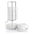 Sweejar Porcelain Cappuccino Cups with Saucers and Metal Stand, 8 Ounce Stackable Espresso Cups for Specialty Coffee Drinks, Latte, Americano, Tea - Set of 4 (White)