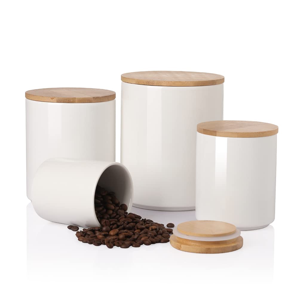 Sweejar Ceramic Canisters Set, Food Storage Jars with Airtight Seal Bamboo Lid, Stackable Containers for Kitchen Counter, Ground Coffee, Flour, Sugar, Cookie, Dog Treats, Candy, Pack of 4 (White)