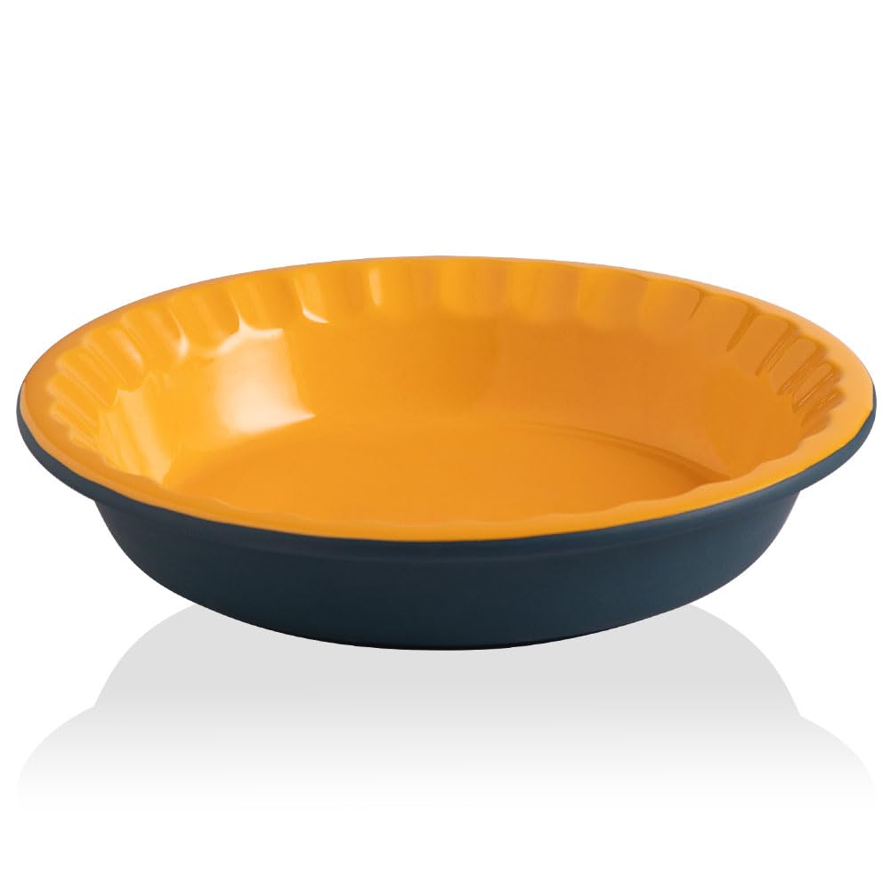 Sweejar Ceramic 10.4 Inches Pie Pan for Baking, Deep and Fluted Porcelain Round Pie Dish, Non-Stick Pie Plate for Pumpkin Pie, Apple Pie, Pie Pots with Morden Farmhouse Design (Blue & Yellow)