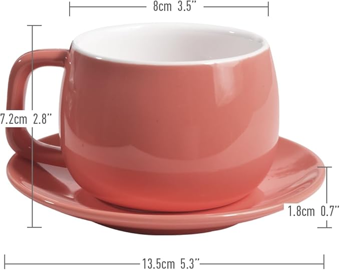 Porcelain Coffee Cup with Saucer 270ml/9oz, Minimalist Design, Perfect for Latte, Cappuccino, and Tea, Pink