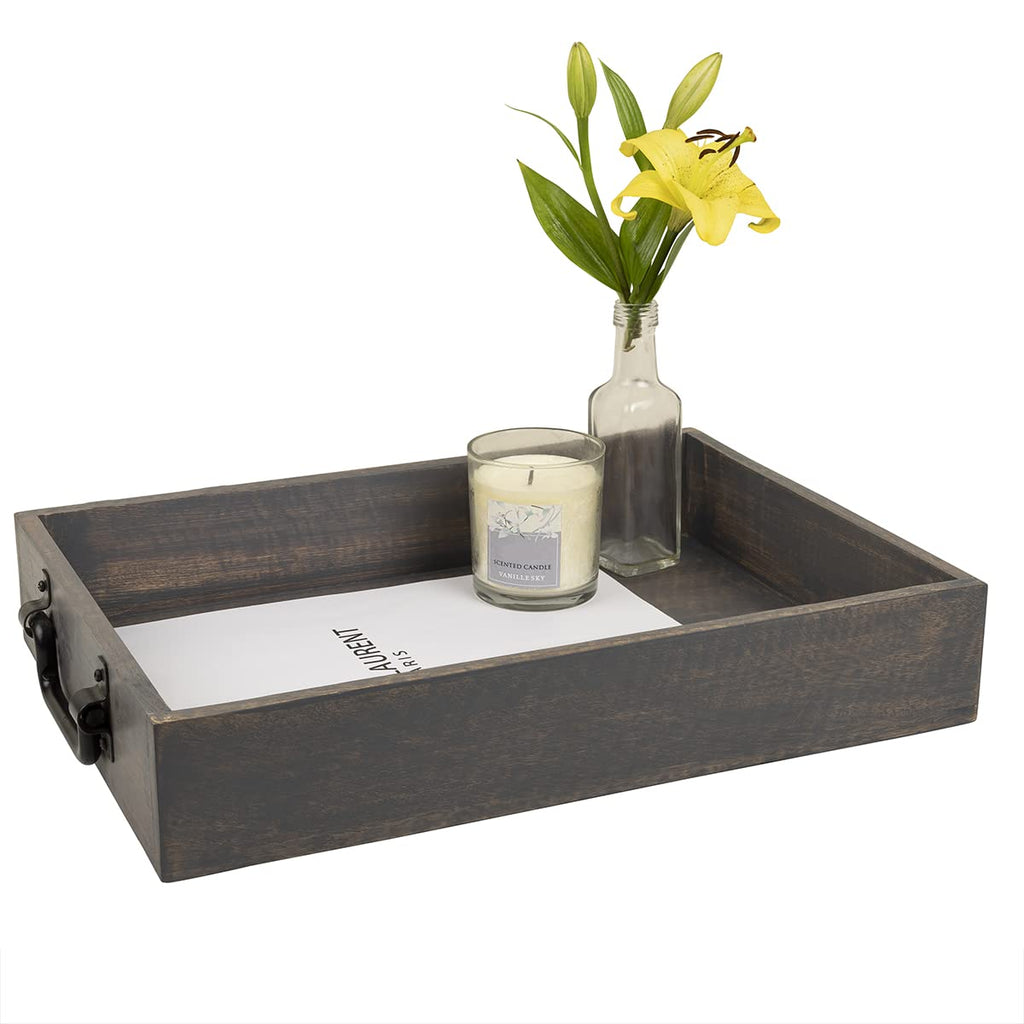 GoCraft Handmade Wooden Tray with Metal Handles – 15" x 11" x 2.5" Decorative Serving Tray in Grey Washed Finish – Versatile Tray for Breakfast in Bed, Lunch, Dinner, Appetizers, Coffee Table
