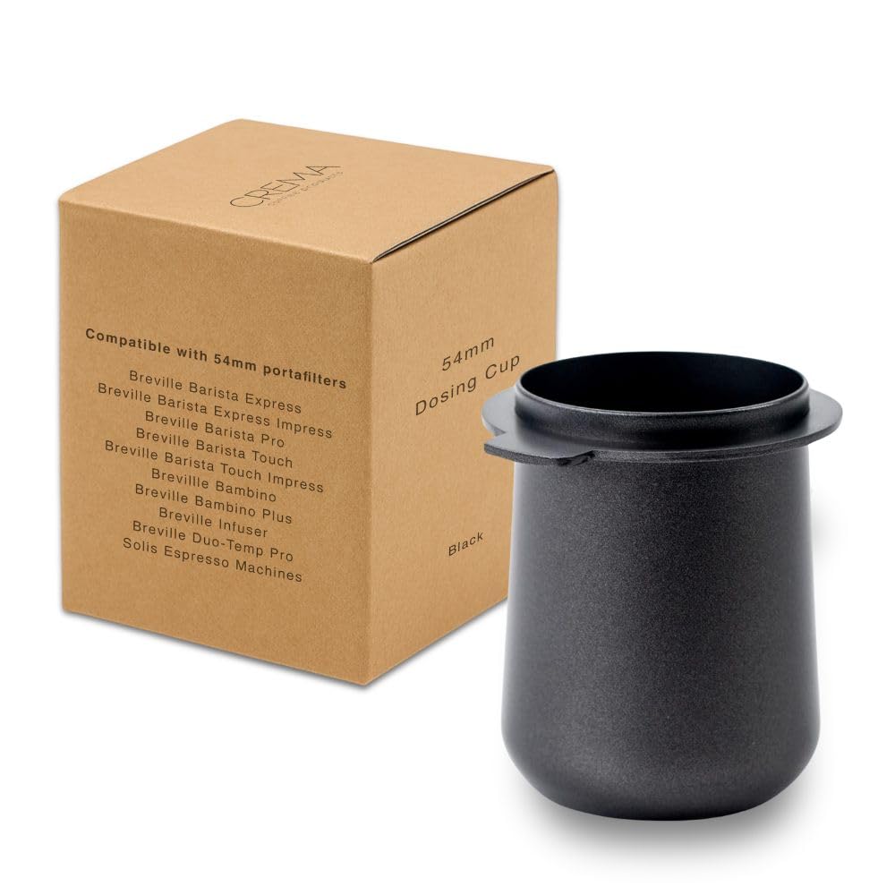 CREMA Coffee Products 54mm Dosing Cup | Compatible with any 54mm Portafilters | Durable 100% Stainless Steel | Built-In Grinder Tab for Easy Transfer | Sleek, Mess-Free Design | Black Finish