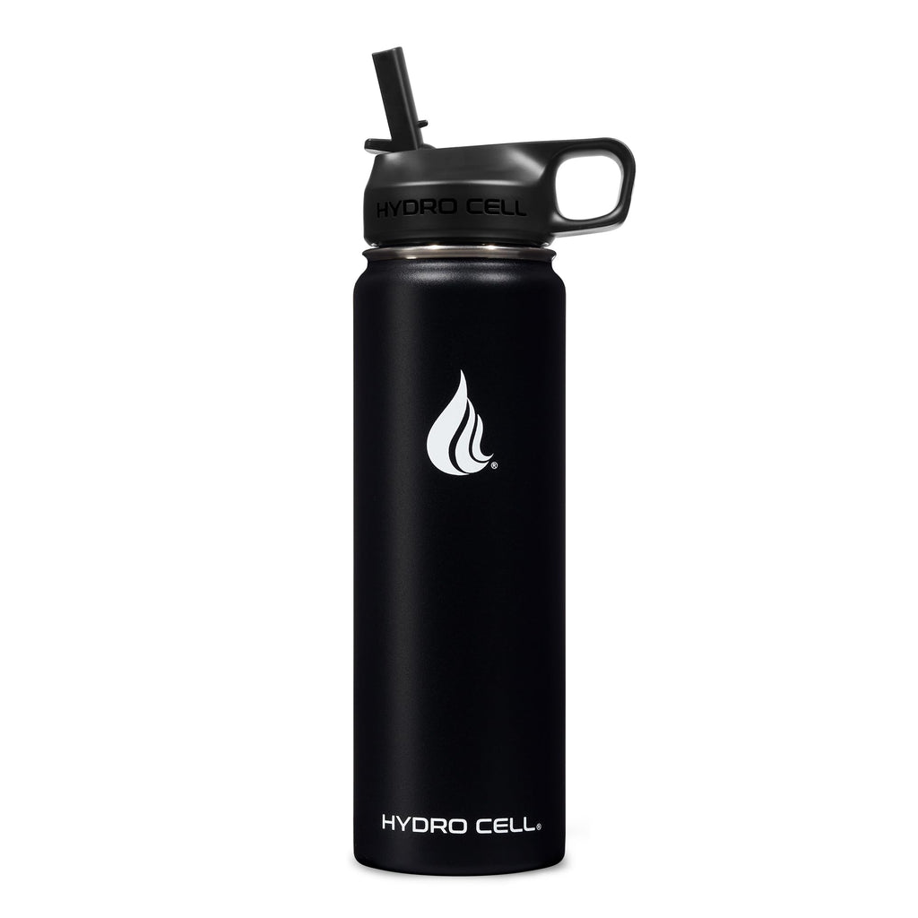 HYDRO CELL Stainless Steel Insulated Water Bottle with Straw - For Cold & Hot Drinks - Metal Vacuum Flask with Screw Cap and Modern Leakproof Sport Thermos for Adults (Black 24oz)