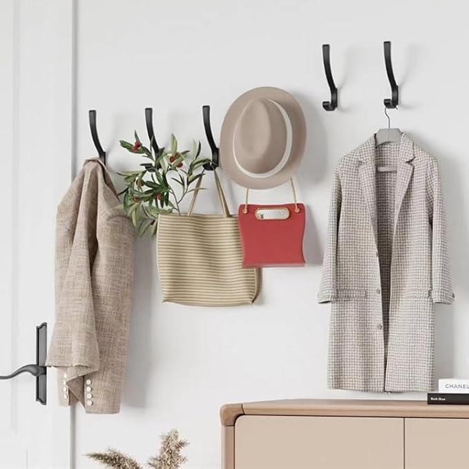 8 Pack Hanging Coat Hooks Wall Mount, Coat Hanger Wall Hangers, Metal Hooks for Hanging Heavy Duty, Screw in Hooks for Hanging Towels, Clothes, Backpack, Hat, Bag, Jacket, Key, Robe, Backpack Black
