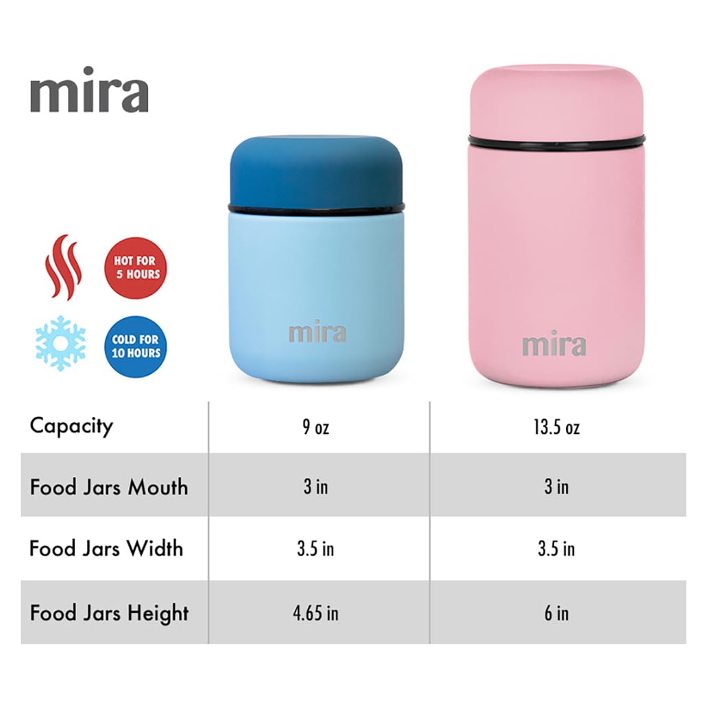 MIRA 2 Pack Insulated Food Jar Thermo for Hot Food & Soup, Compact Stainless Steel Vacuum Lunch Container, 13.5 oz, Pearl Blue, Olive Green