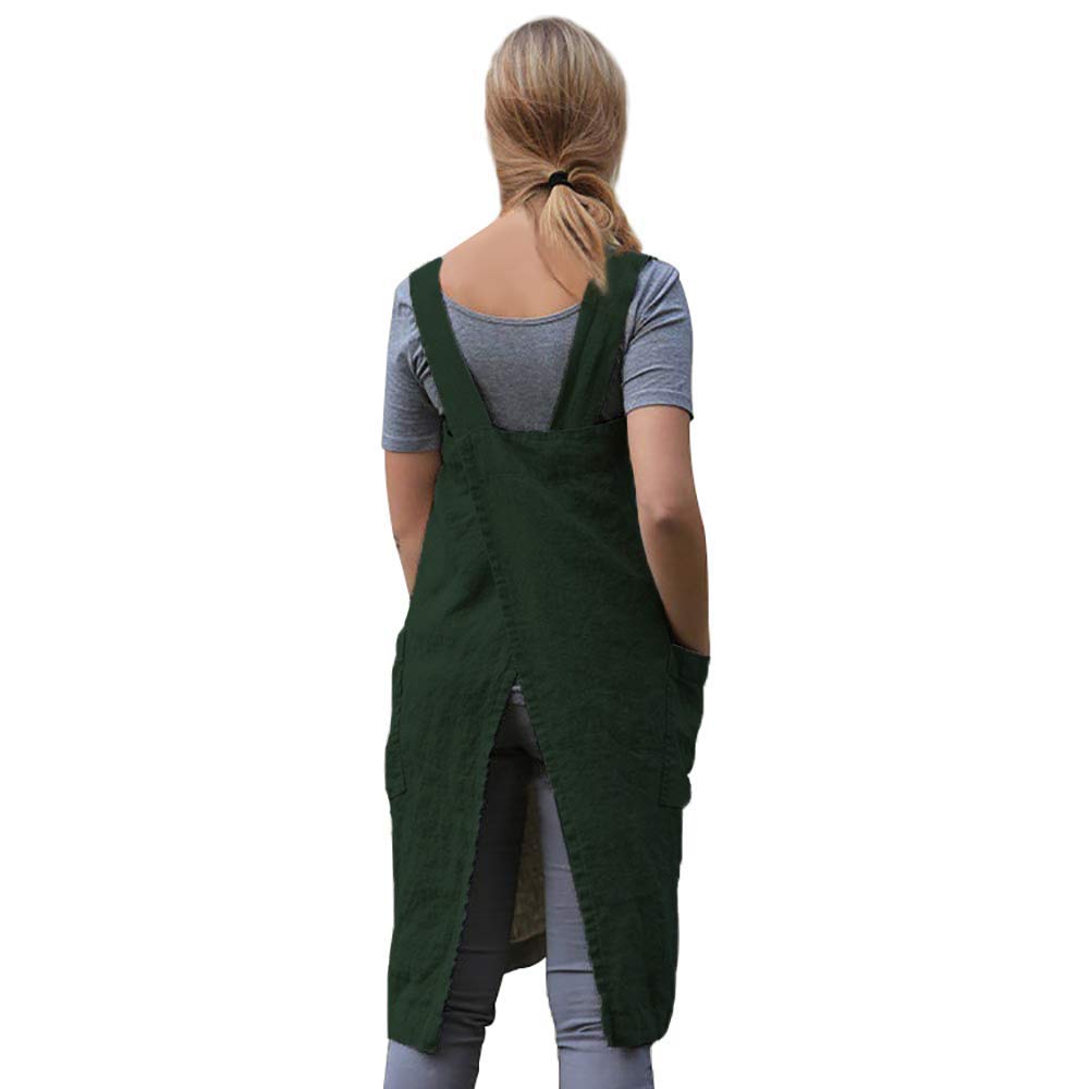 Larmliss Women's Pinafore Square Apron Baking Cooking Gardening Works Cross Back Cotton/Linen Blend Dress with 2 Pockets Dark Green-S