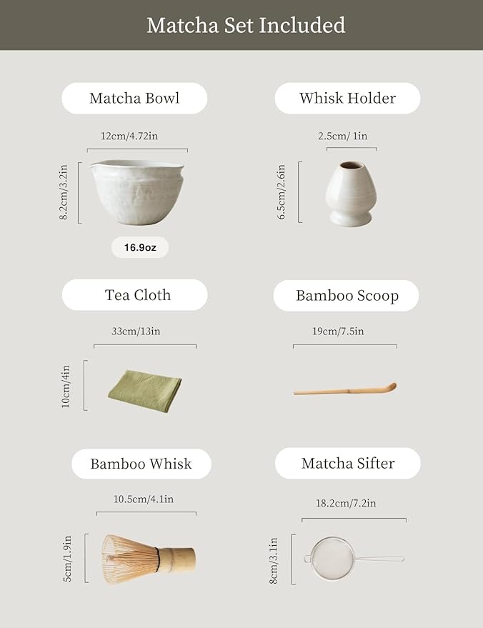 6-pcs Japanese Matcha Whisk Set with Handmade Wabi-Sabi Ceramic Bowl(Chawan),Bamboo Chasen, Whisk Holder, Scoop, Sifter & Tea Towel,Matcha Ceremony Kit,(Light Veil Gray)