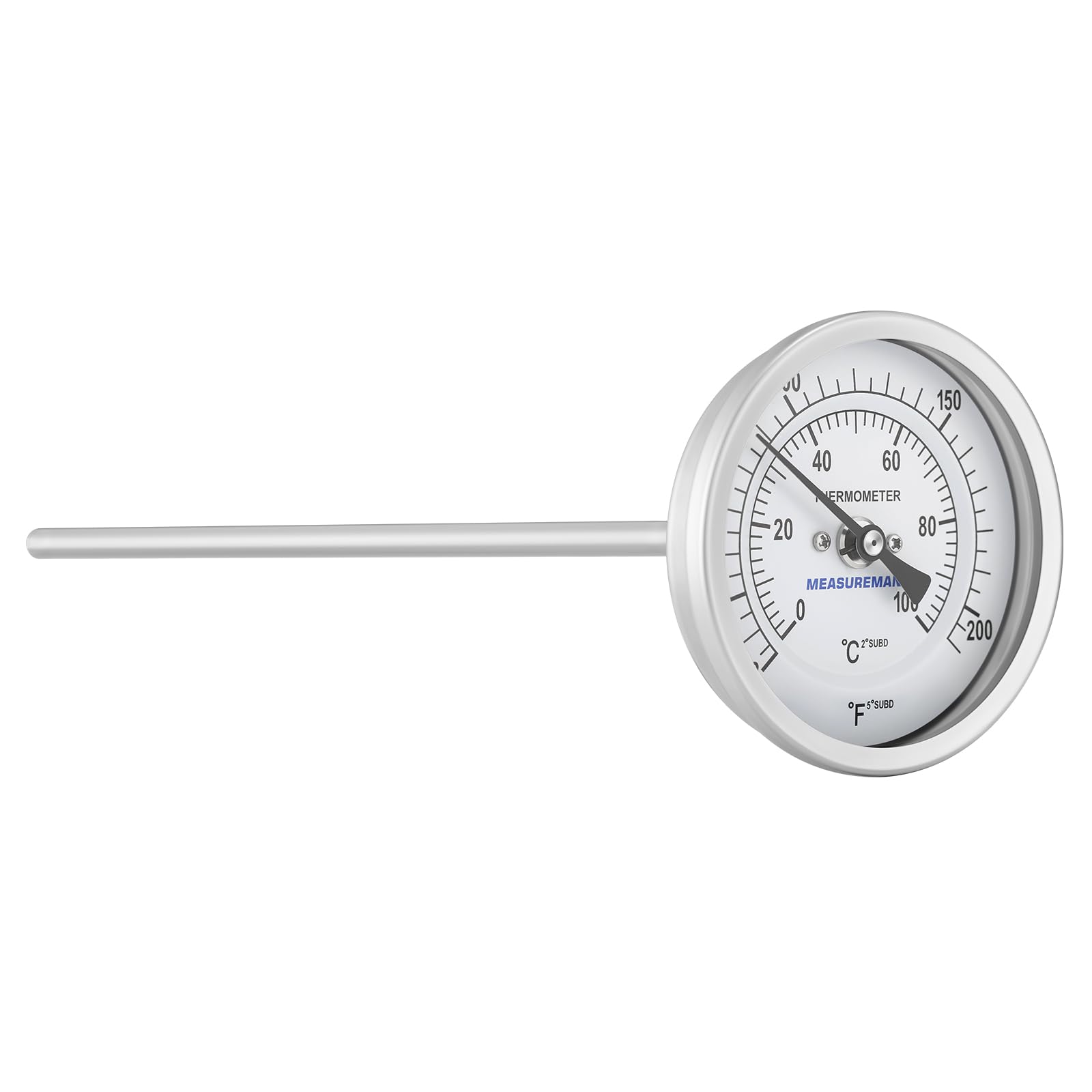 Measureman Fully Stainless Steel Bi-Metal Dial Thermometer, 3" Dial, 12" Stem, 32-212°F/0-100°C Range, +/-1% Accuracy, Adjustable, 1/2" NPT Back Mount