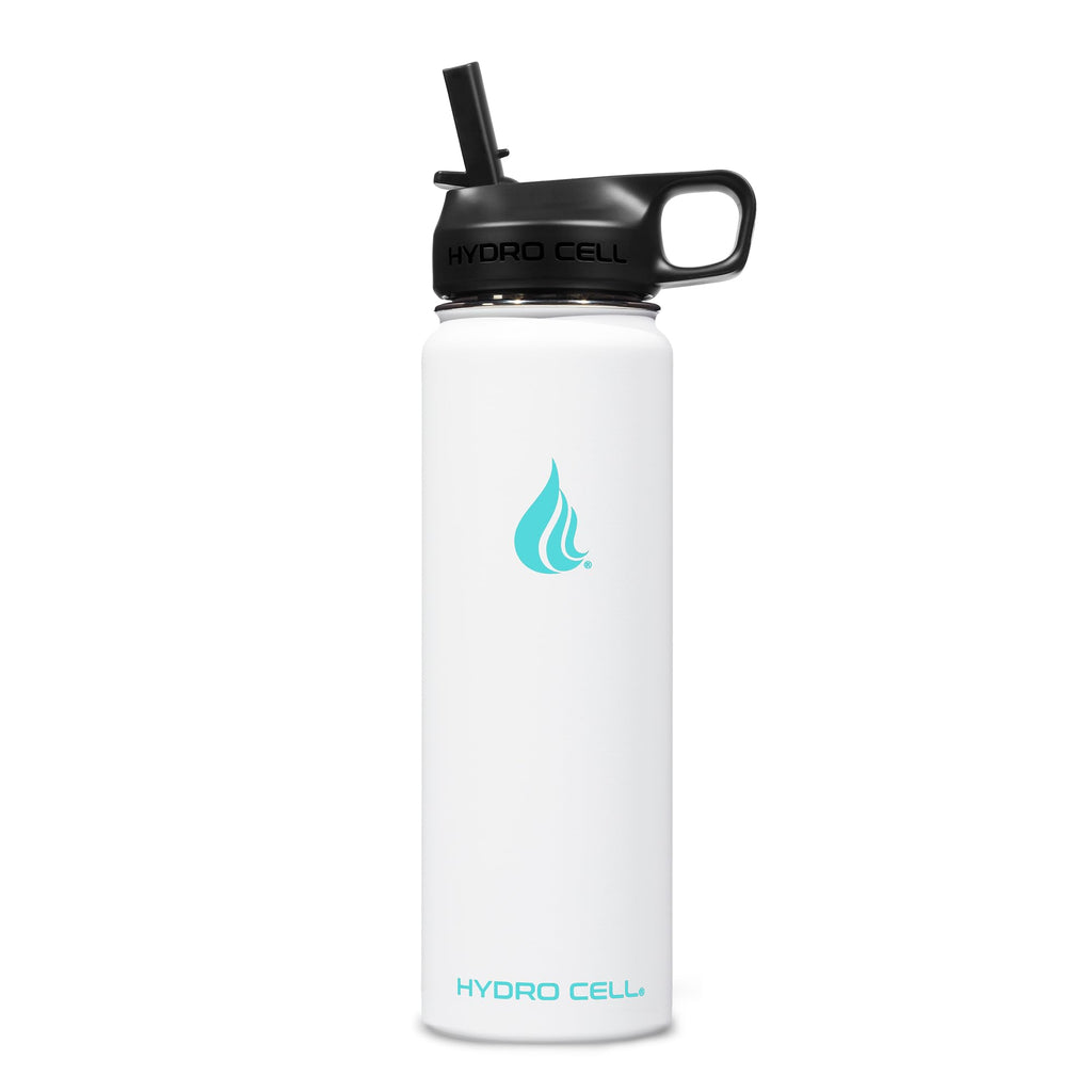 HYDRO CELL Stainless Steel Insulated Water Bottle with Straw - For Cold & Hot Drinks - Metal Vacuum Flask with Screw Cap and Modern Leakproof Sport Thermos for Adults (White 24oz)