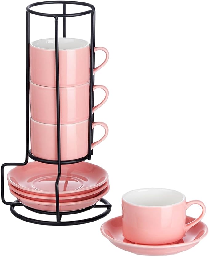 2.5oz Porcelain Stackable Espresso Cups with Saucers and Metal Stand Set of 4, Stackable Cappuccino Cups, Pink Expresso Shots Cup Set for Coffee Drinks, Latte, Tea