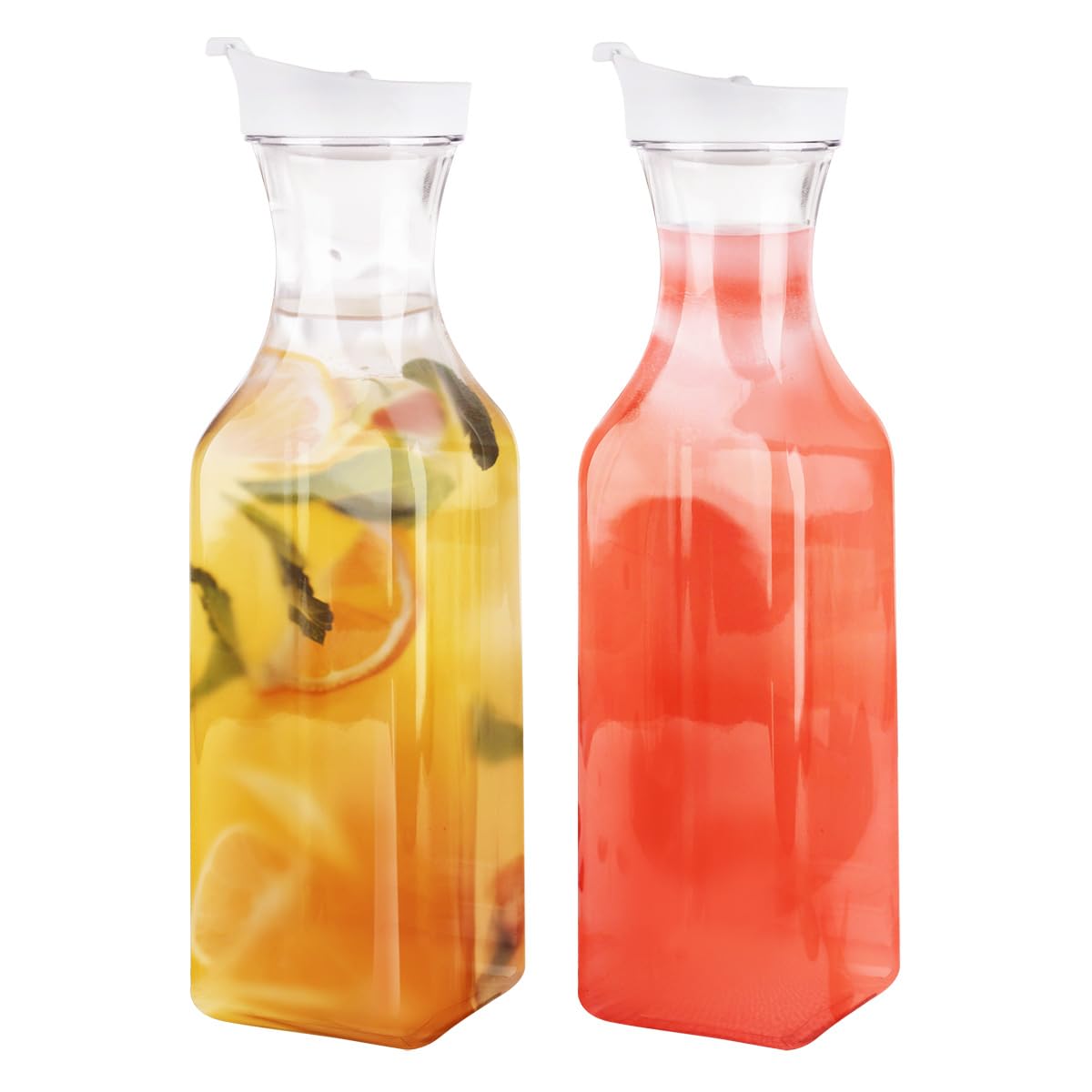 GUSTO [50 oz - 6 Pack] Plastic Carafe with Lid, Large Capacity Square Base - Clear Pitcher with Flip Top Lid, Easy-Pour Spout Juice Containers with Lids - Perfect for Mimosa Bar, Water, and Cold brew