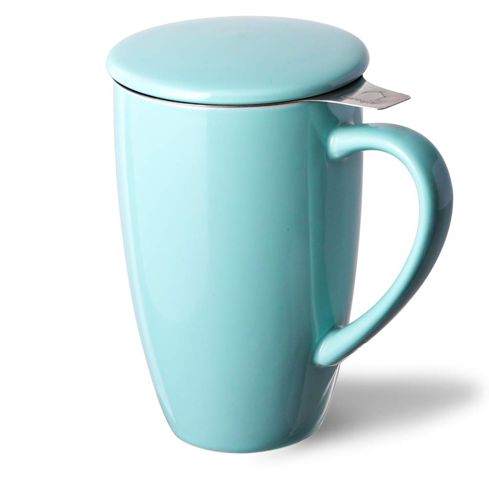 Sweejar Porcelain Tea Infuser Mug with Lid, 16 oz Teacup with Strainers for Loose Leaf Tea, Microwave and Dishwasher Safe Coffee Mug(Turquoise)