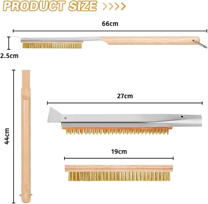 Pizza Oven Brush, 26" Brush and Stainless Steel Scraper for Pizza Stone, BBQ Grill Cleaning Brush Non Scratch Heat Proof Brass Bristles with Screwdriver, Outdoor Pizza Oven and Accessories