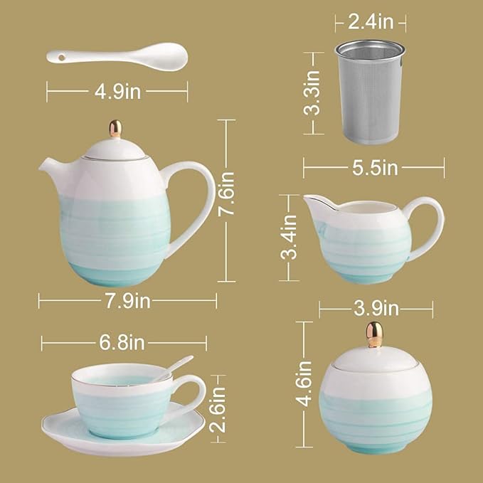 Sweejar Porcelain Tea Sets, 8 OZ Cups & Saucer Service for 4, Teapot Sugar Bowl Cream Pitcher Teaspoons and Tea Strainer for Adult Tea Coffee Afternoon Party (Purple)