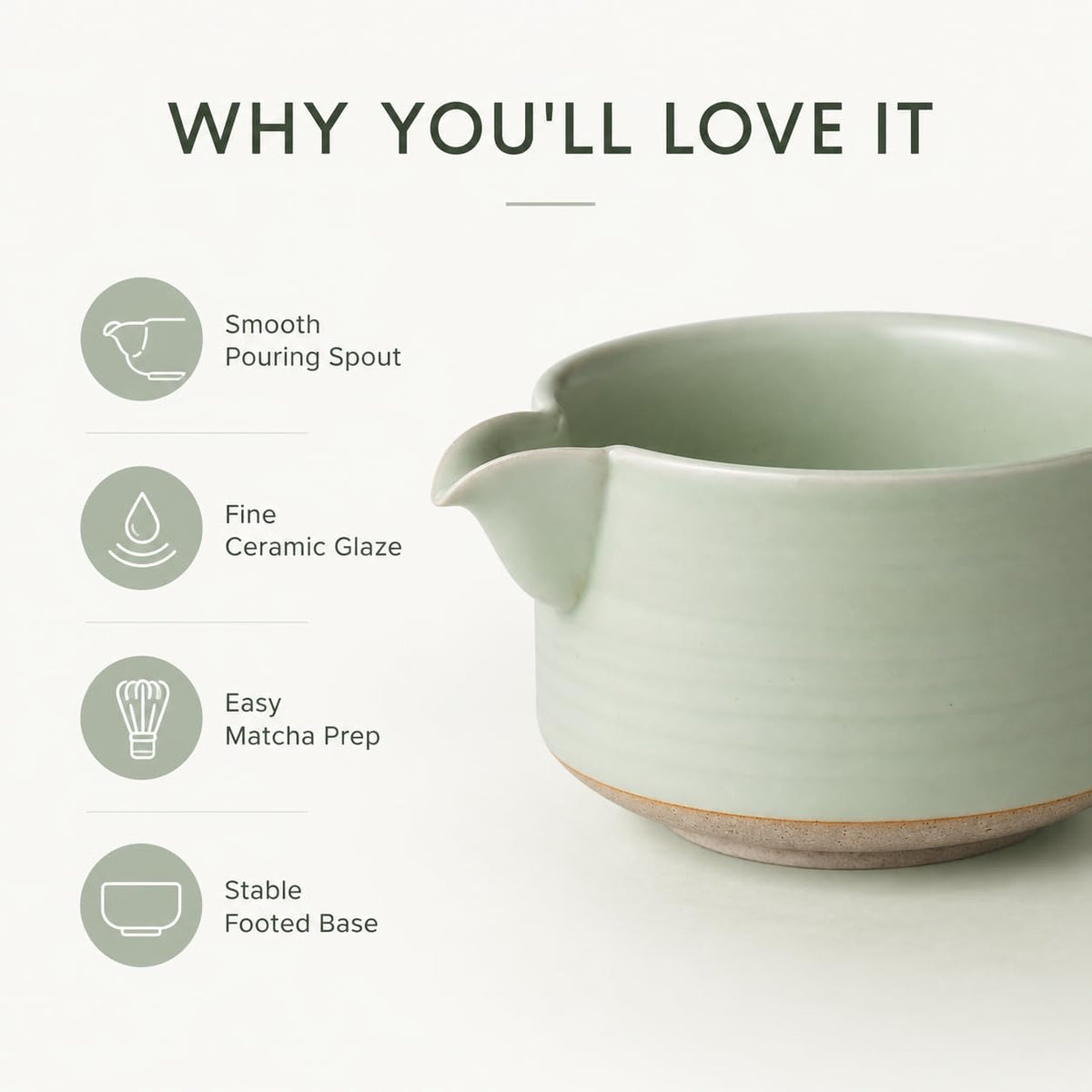 OUGETHER Matcha Traditional Porcelain Tea Bowl with Pour Spout - Hand Made Porcelain with Light Green Matte Glaze - Perfectly Whisked Matcha Green Tea, 430ml/ 14.5oz