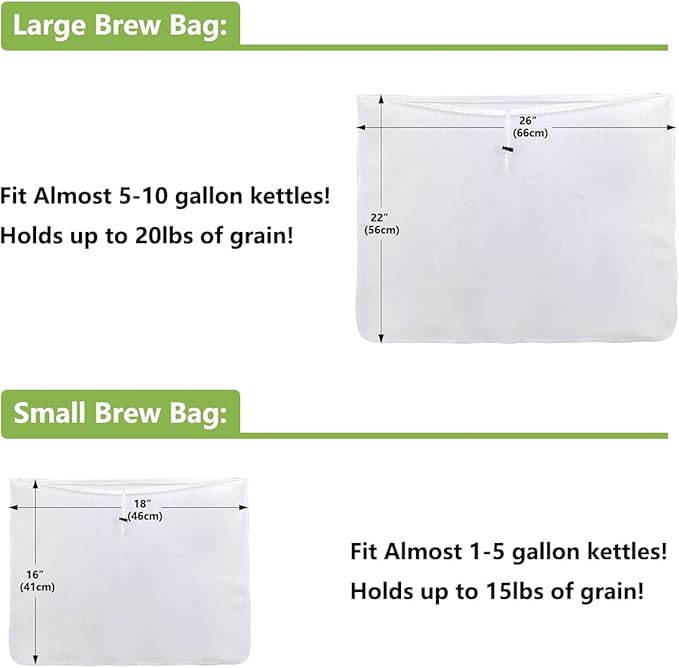 Brew Bags, 2pcs Brew In A Bag, Reusable Wine Straining Bag for Homebrewing, Fine Mesh Bag for Boiling, Durable Mesh Strainer Bag, 22×26 & 16x18