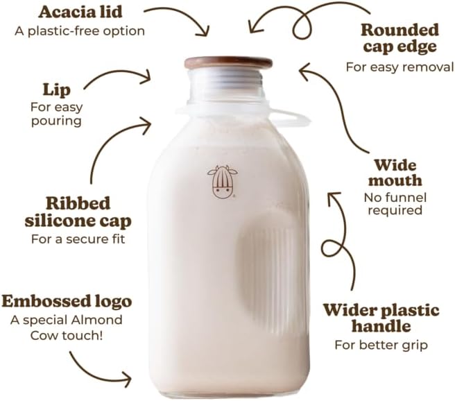 Almond Cow - Glass Pitcher with Lid and Spout, Bottle for Refrigerator, Clear Milk Jug, Food-Grade Glass Liquid Container, 60 fl oz Capacity (Pack of 8), 5 x 4 x 10 Inches