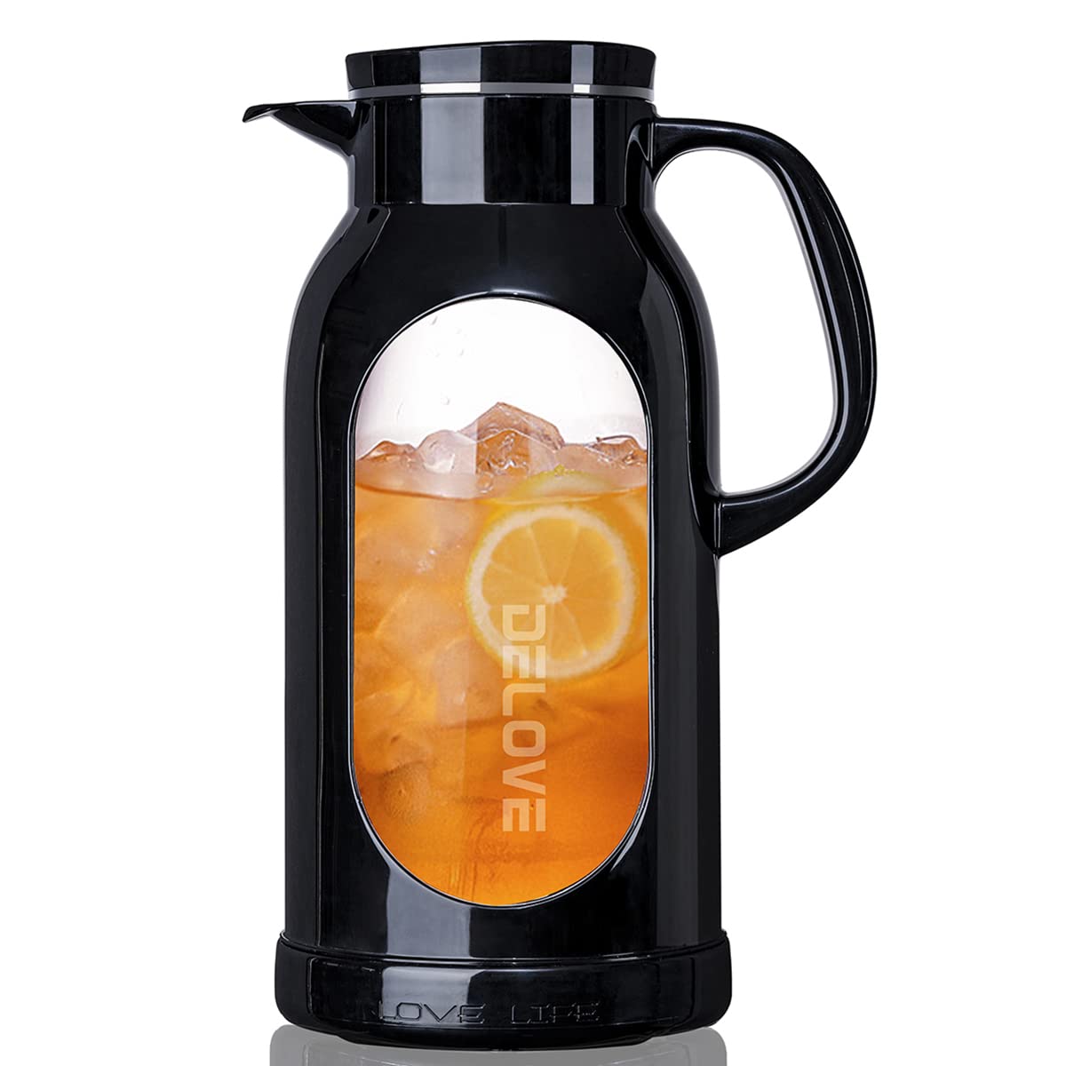 Delove 68 oz/2 Liter Glass Pitcher with Shatterproof Shell - Heat Resistant Glass Liner - Stainless Steel Lid - Carafe & Jug for Iced Tea,Hot/Cold Water,Homemade Juice Beverages (Pink)