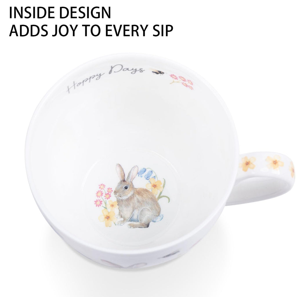 MFoffice 20 oz Bunny Coffee Mug with Spring Flowers & Happy Days Slogan, Premium Bone China Rabbit Coffee Cup, Cute Garden Gift for Women, Family&Friends, Designed in England by Harvest Green Studio