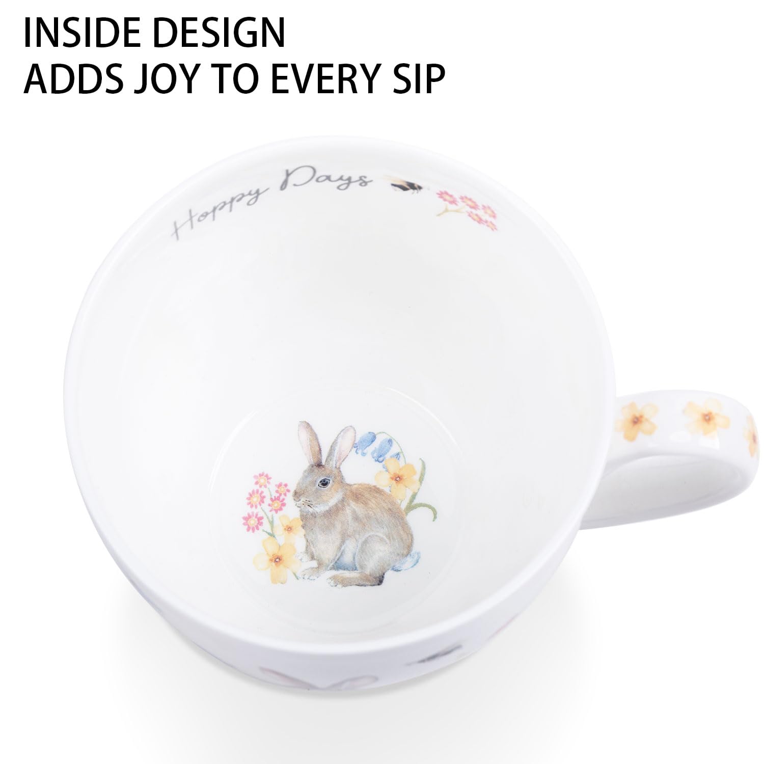 MFoffice 20 oz Bunny Coffee Mug with Spring Flowers & Happy Days Slogan, Premium Bone China Rabbit Coffee Cup, Cute Garden Gift for Women, Family&Friends, Designed in England by Harvest Green Studio