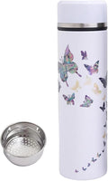 Mother of Pearl Design Stainless Steel Water Bottle with Tea Infuser Strainer 17 oz Leakproof Screw Cap Wide Mouth Double Wall Vacuum Insulated Travel Sport Water Flask Thermo Mug (Butterfly White)