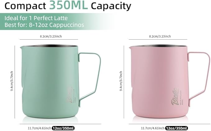 Milk Frothing Pitcher -350ml/12oz Milk Frother Cup Espresso Steaming Pitcher for Barista, Bincoo SUS304 Stainless Steel Espresso Steaming Pitchers for Latte Art/Cappuccino/Coffee (Green-350ml)