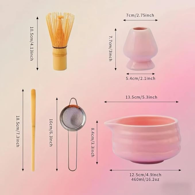Cute Pink Matcha Whisk Set of 5 for Matcha Tea,Matcha Powder Kit（Bowl with Spout+bamboo Whisk and Holder+Strainer+Scoop）for Macha Starter Making Tools with Small Sifter Sieve Mixer Wisk Chasen Chawan