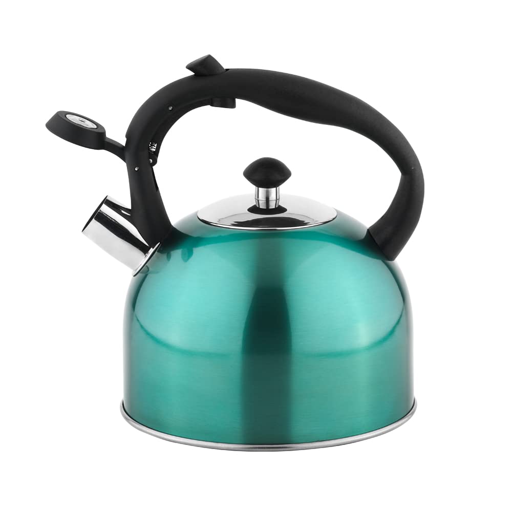 Amazon Basics Stovetop Whistling Tea Kettle, Fast Boiling, Stainless Steel, Food Grade, Ergonomic Handle, 2.3 Liter, Teal