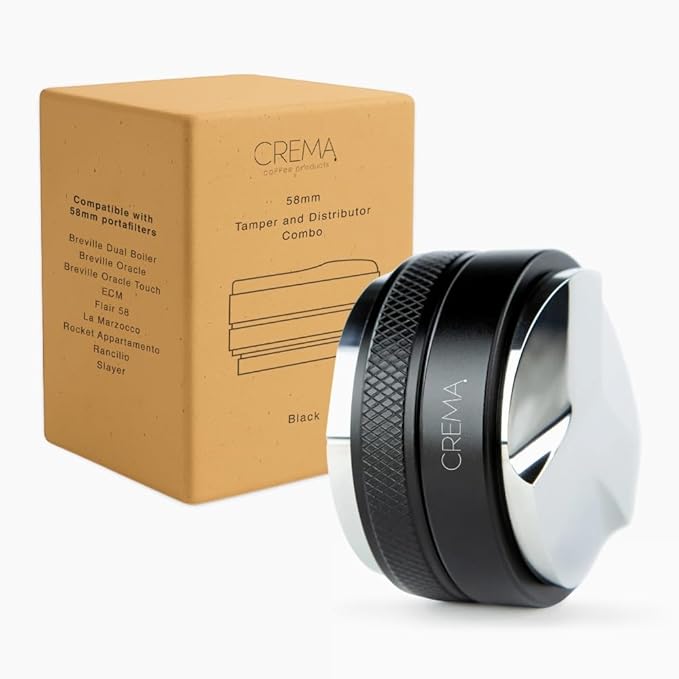 CREMA Coffee Products 45.5mm Hand Tamper & Distributor V2 for Flair| Compatible w/Flair Pro and Pro 2 | Double-Sided, Adjustable Depth Tool | Durable 304 Stainless Steel | Black