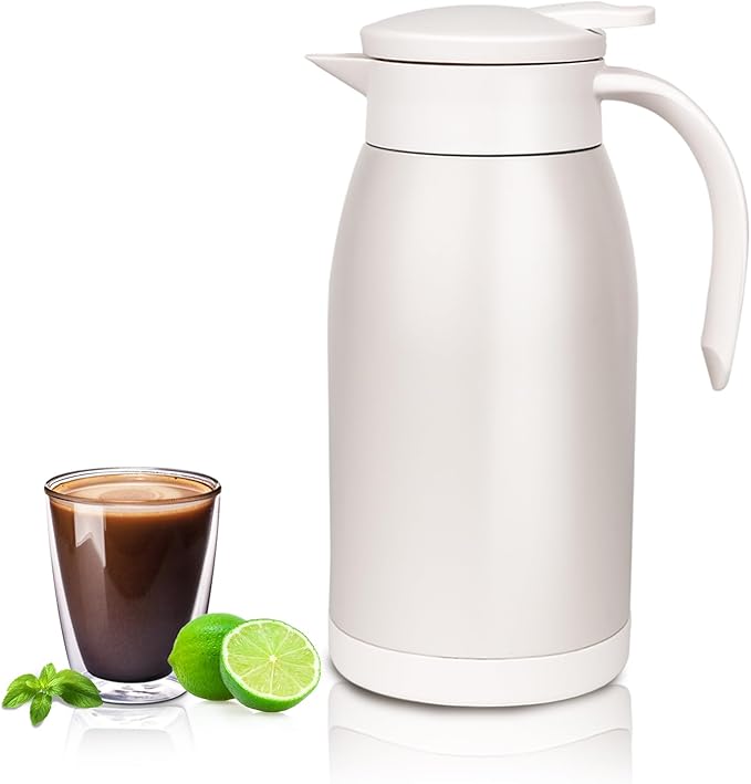 41 Oz Thermal Coffee Carafe Stainless Steel Insulated Thermos Double Wall Vacuum Flask Leak-Proof Thermos for Travel Office School Party Camping Use-Milk rice white