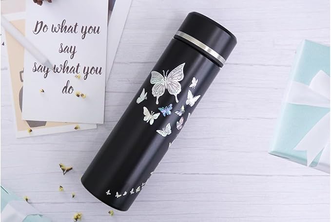Mother of Pearl Design Stainless Steel Water Bottle with Tea Infuser Strainer 17 oz Leakproof Screw Cap Wide Mouth Double Wall Vacuum Insulated Travel Sport Water Flask Thermo Mug (Butterfly Black)
