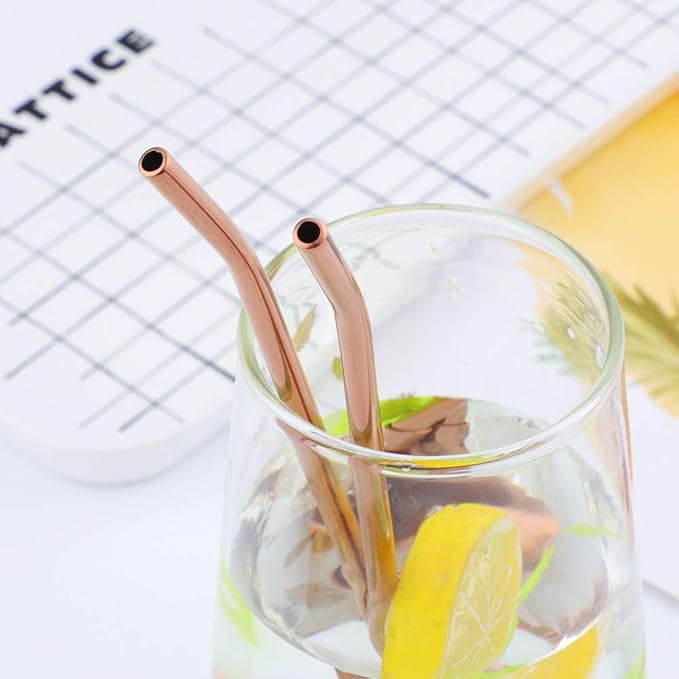 AmazonBasics 8PC 8.5Inch Stainless Steel Rose Gold Reusable Metal Straws + 2 Brushes