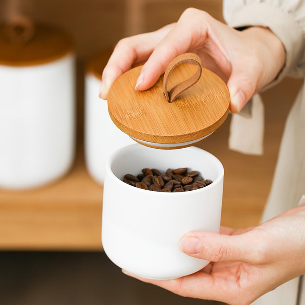 Jueison Ceramic Storage Jars, Modern Airtight Canisters with Wooden Lid (White trumpet)