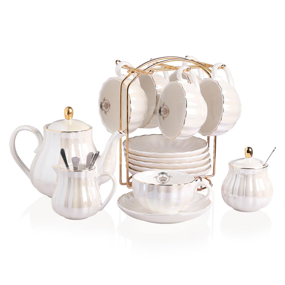 Sweejar Porcelain Tea Sets British Royal Series, 8 OZ Cups & Saucer Service for 6, with Teapot Sugar Bowl Cream Pitcher Teaspoons and Tea Strainer, Suitable for High Tea, Wedding, Party(Blush Pink)